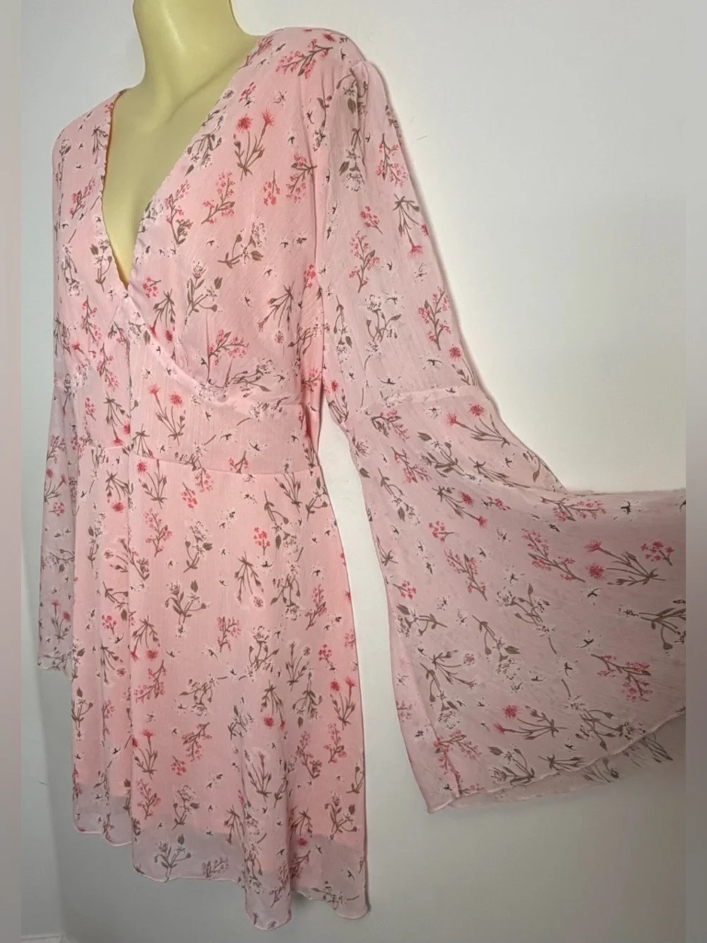 Double Crazy Pink Floral Bell Sleeve Mini Dress - Picture 1 of 8